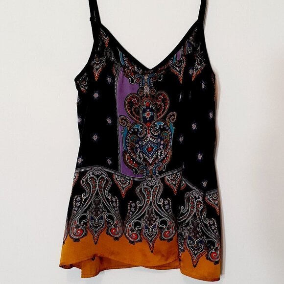 Express Paisley Camisole Tank Top; Black/Lavender/Gold; Adjustable Strap; Size S - Picture 2 of 5